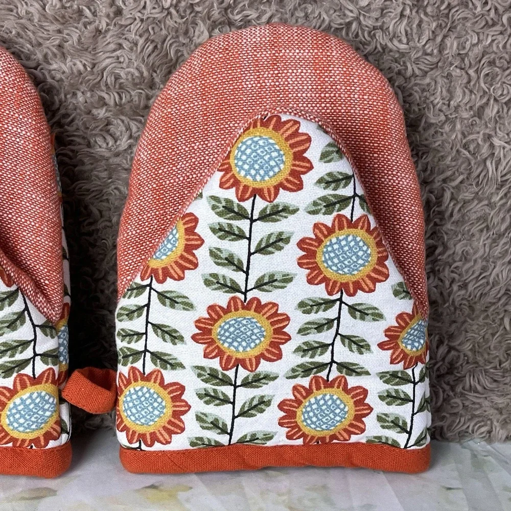 Kay Dee Grabber Oven Mitt Set Autumn In Bloom Sunflowers Pattern Orange Gloves